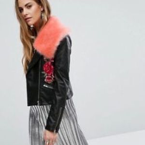 Faux Leather + Fur Jacket w/ Floral Embroidery